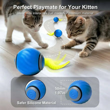Blue interactive cat toy ball with circular power button and green light ring