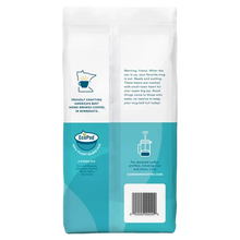 Back of a whole bean coffee bag with teal section and barcode panel