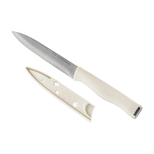Beige-handled chef knife with patterned sheath and stainless blade