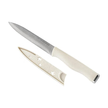 Ivory-handled chef knife and paring knife with beige floral blade cover