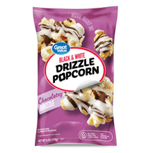 Black and white drizzle popcorn bag with chocolate drizzle