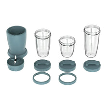 Teal blender parts: base cup, clear jar containers, and sealing rings