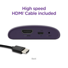 Streaming media player back ports with connected HDMI cable and reset button