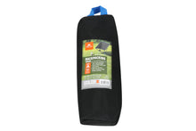 Black storage bag with label for camping chair, green and red print.