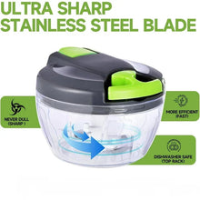 Manual food chopper with transparent bowl and green top, stainless steel blade inside