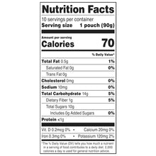 Nutrition Facts panel for fruit pouch showing 70 calories per serving