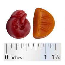 Cherry and orange-grape multivitamin gummies with measuring ruler, 0 to 1 1/4 inches