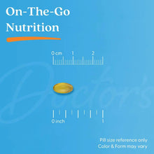 Vitamin D3 softgel size reference with a yellow softgel beside cm and inch scales.