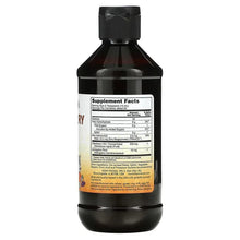 Elderberry liquid supplement bottle with Supplement Facts back label, black cap