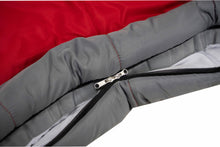 Gray zipper on a red-and-gray sleeping bag with stitched liner detail