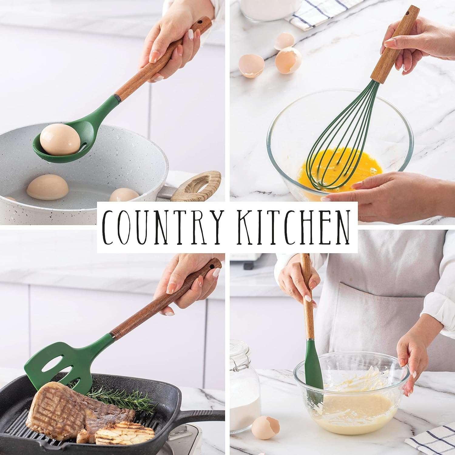 Country Kitchen 8-Pc Cooking Utensils Set Silicone Spatula & Kitchen Gadgets, Green