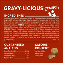 Gravy-licious crunch ingredients and guaranteed analysis panel with nutrition text