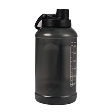 Translucent black water bottle with carry handle and side measurement scale, chug lid