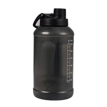 64 oz water bottle with carry loop, translucent dark finish, graduated ounce scale
