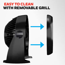 Black table fan with removable front grill panel for cleaning