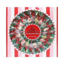 Front view of a 20-count candy cane and decorated jelly assortment in a striped box