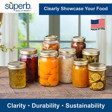 Group of wide-mouth glass canning jars with gold-tone lids, filled with assorted foods
