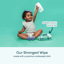 Baby using sensitive wipes, one-at-a-time dispensing shown with wipe pack