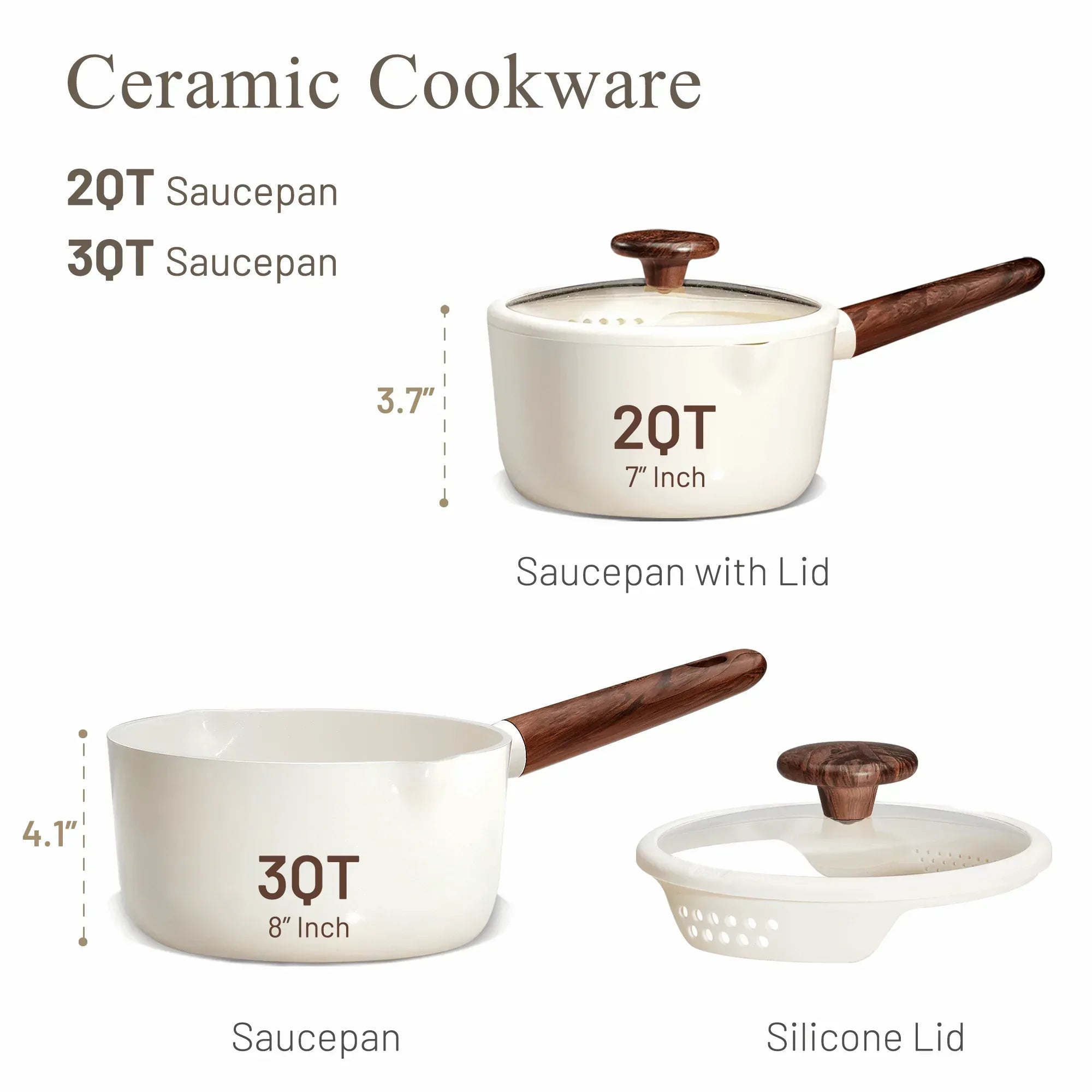Carote 2QT & 3QT Ceramic Nonstick Saucepan Set with Strainer Lids, Small Cooking Pot, Induction Compatible, White