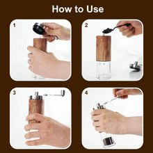 Manual coffee grinder in hand-use steps with crank, lid, and catch parts