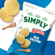 Ruffles sea salt potato chips bag with visible ruffled chips and wooden salt spoon