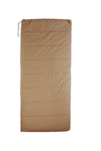 Tan cold-weather rectangular sleeping bag laid flat with drawcord at the top