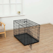 Foldable black metal wire dog crate with single door and black plastic base