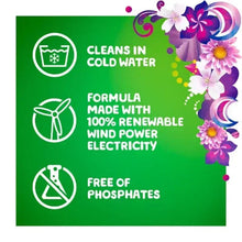Detergent promo panel showing cold-water use, renewable wind power, and no phosphates