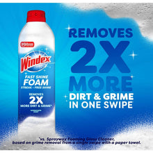 Windex Fast Shine Foam glass cleaner aerosol bottle with red cap, label shows 2X benefits.