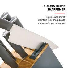 Built-in knife sharpener detail with a stainless chef knife in block