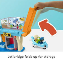 Blue airplane toy with folded orange jet bridge and included airplane vehicle piece