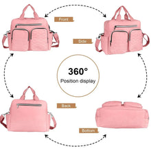 Pink diaper bag shown from front, side, back, and bottom with front zip pockets