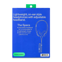 Blue retail box for lightweight on-ear headphones with adjustable headband illustration