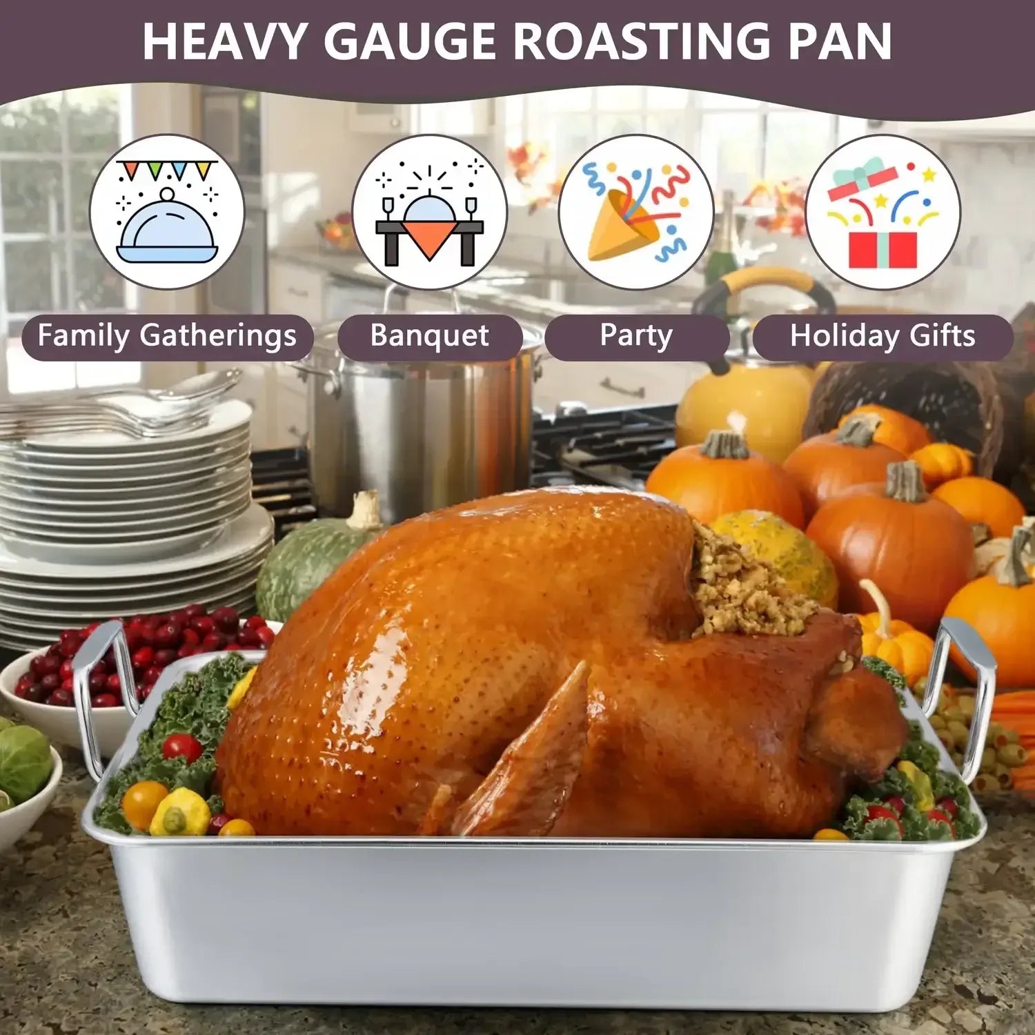 Walchoice Roasting Pan with Rack Set, Stainless Steel Large Turkey Roaster with V-shaped rack & Cooling Rack for Thanksgiving, Heavy Duty & Dishwasher Safe - USA MEGA SHOP