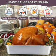 Heavy gauge stainless roasting pan with side handles, holding a roasted turkey