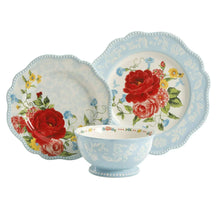 Floral blue scalloped dinner plate with side plate and matching bowl in rose motif
