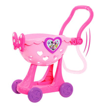 Pink plastic shopping cart toy with Minnie-style heart emblem and purple wheels