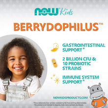 NOW Kids Berry Dophilus chewables bottle front with gastrointestinal support icons