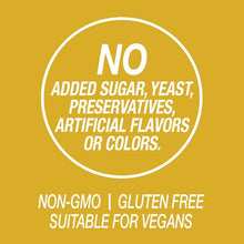 No added sugar/yeast/preservatives badge; Non-GMO, gluten free, vegan