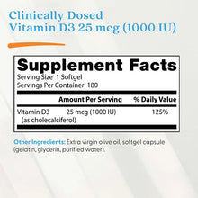 Vitamin D3 softgels supplement facts label showing 25 mcg (1000 IU) per serving.