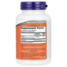 NOW Foods L-Citrulline 750 mg veg capsules bottle, Supplement Facts panel on back