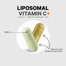 Liposomal vitamin C+ capsule, natural pale green color, shown with size guide