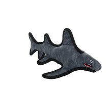 Shark plush dog toy, angled view with red-trim teeth and gray fabric texture.