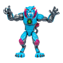 Front view blue panther-themed action figure with pink accents and open claw hands