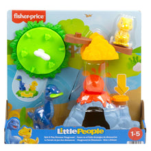Dinosaur spin-and-play playset blister pack with green wheel and blue and yellow figures