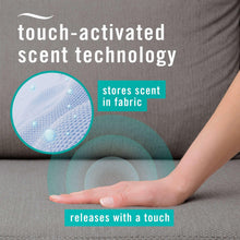 Touch-activated scent technology graphic with hand on fabric couch