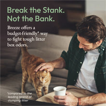 Purina Breeze promotional banner with a man holding a brown cat by a couch.