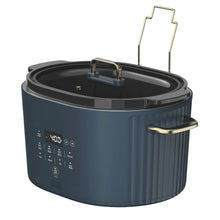 6QT programmable slow cooker in slate blue with side view, lid handle, and control panel