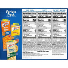 Variety pack back panel with Toast Chee, Toasty, and Captain's Wafers Nutrition Facts