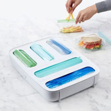White 5-slot food bag dispenser with blue and green slot bars